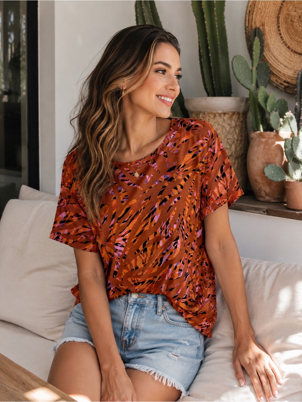 Democracy Abstract Print Tee XL Rust Orange Pink Cotton Blend Short Sleeve Top